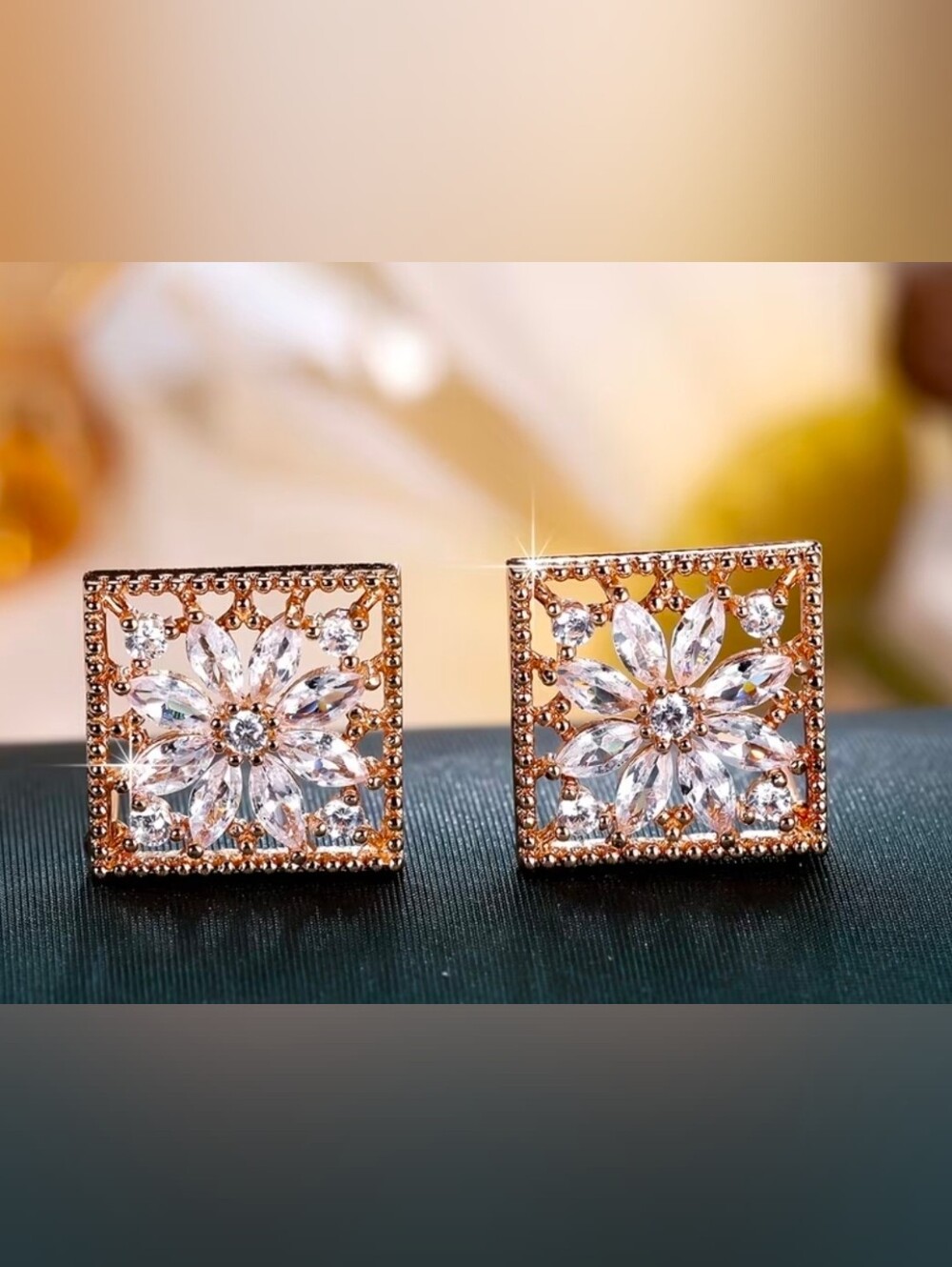 $8 Each Or Bundle 5/$20 Rose Gold Floral Crystal Square Stud Earrings